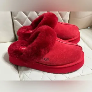 UGG DISQUETTE RED SUEDE FUR SLIDE PLATFORM SLIPPER SHOES SIZE 7