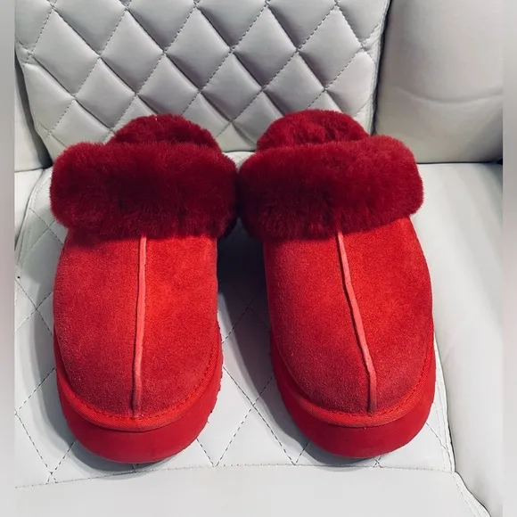 UGG DISQUETTE RED SUEDE FUR SLIDE PLATFORM SLIPPER SHOES SIZE 7