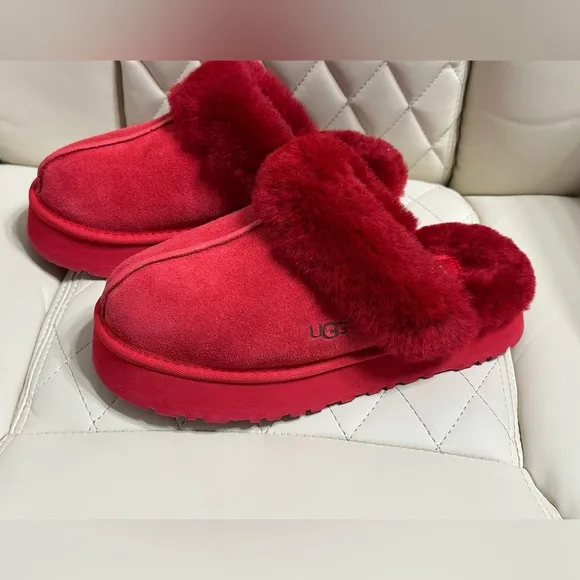 UGG DISQUETTE RED SUEDE FUR SLIDE PLATFORM SLIPPER SHOES SIZE 7