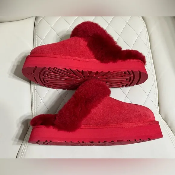 UGG DISQUETTE RED SUEDE FUR SLIDE PLATFORM SLIPPER SHOES SIZE 7