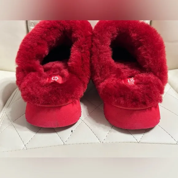 UGG DISQUETTE RED SUEDE FUR SLIDE PLATFORM SLIPPER SHOES SIZE 7
