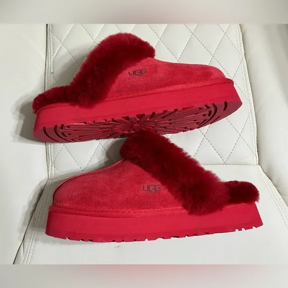 UGG DISQUETTE RED SUEDE FUR SLIDE PLATFORM SLIPPER SHOES SIZE 7