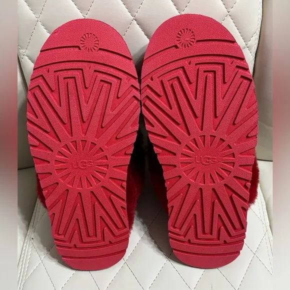 UGG DISQUETTE RED SUEDE FUR SLIDE PLATFORM SLIPPER SHOES SIZE 7