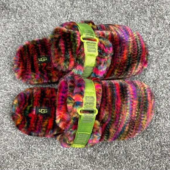 UGG Fluff It Pixelate Faux Fur Mens Slides Shoes Size 10 Multicolor RN 88276