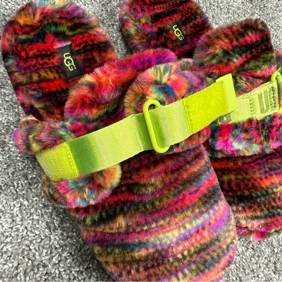 UGG Fluff It Pixelate Faux Fur Mens Slides Shoes Size 10 Multicolor RN 88276
