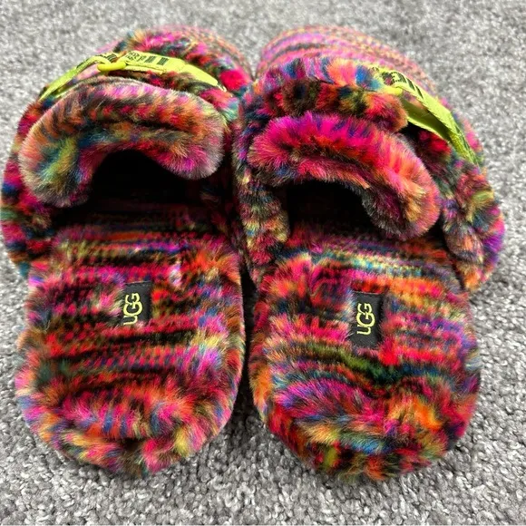 UGG Fluff It Pixelate Faux Fur Mens Slides Shoes Size 10 Multicolor RN 88276