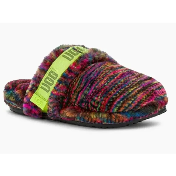 UGG Fluff It Pixelate Faux Fur Mens Slides Shoes Size 10 Multicolor RN 88276