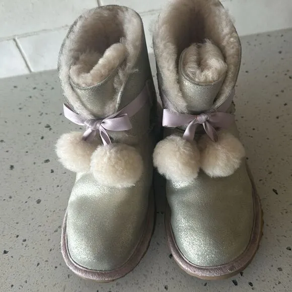 UGG Gita Pom Pom Girl's Metallic Gold Pink Leather Shearling Boots Size 6 Youth
