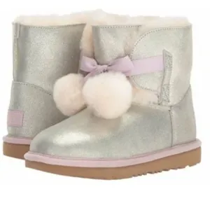 UGG Gita Pom Pom Girl's Metallic Gold Pink Leather Shearling Boots Size 6 Youth
