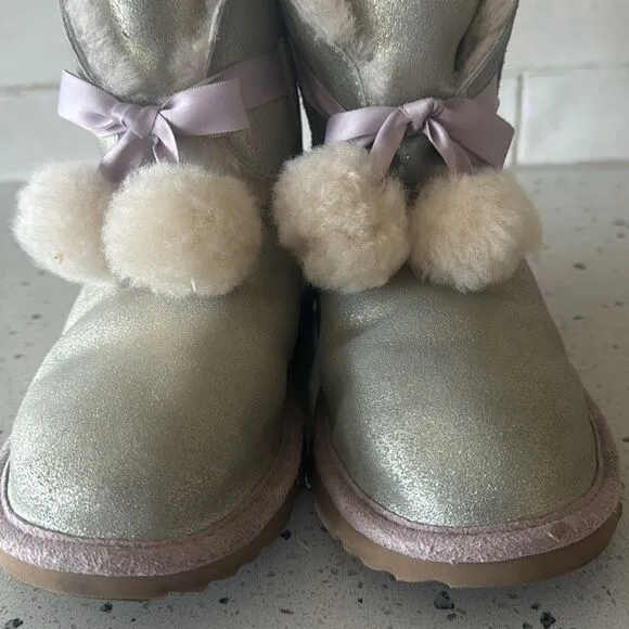 UGG Gita Pom Pom Girl's Metallic Gold Pink Leather Shearling Boots Size 6 Youth
