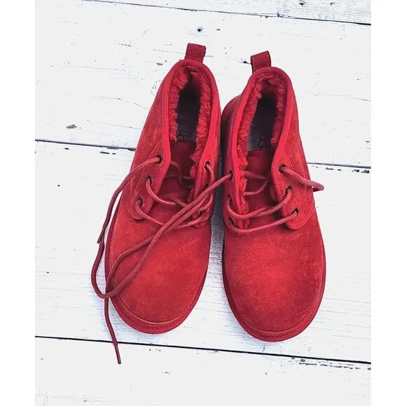 UGG Men's Chukka Neumel Red Suede Fur Lined Lace Sherpa Shoes Sz US 8 EU 41 READ
