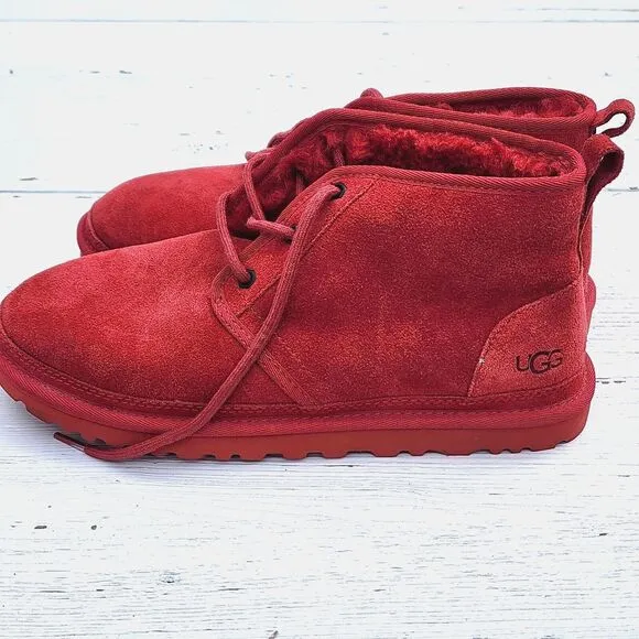 UGG Men's Chukka Neumel Red Suede Fur Lined Lace Sherpa Shoes Sz US 8 EU 41 READ
