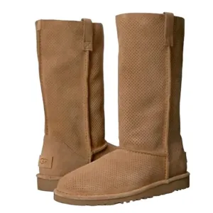 UGG NEW Classic Unlined Perforated Leather Tall Boots Suede Lightweight Neutral