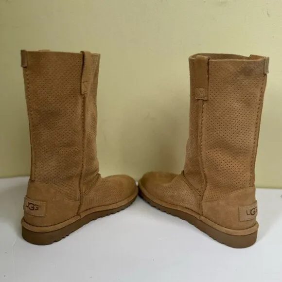 UGG NEW Classic Unlined Perforated Leather Tall Boots Suede Lightweight Neutral