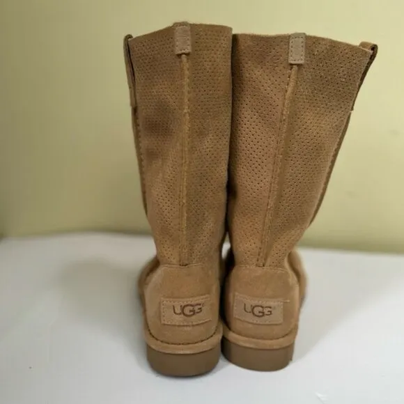 UGG NEW Classic Unlined Perforated Leather Tall Boots Suede Lightweight Neutral