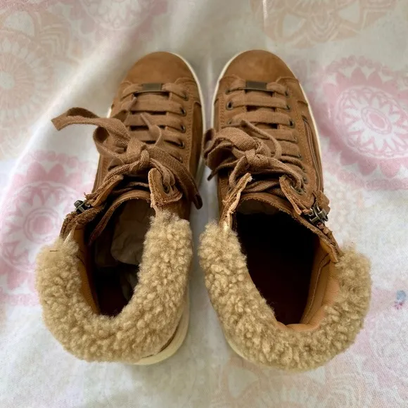 UGG Olive Leather Genuine Shearling High Top Sneaker Shoes Size 8 Chestn…