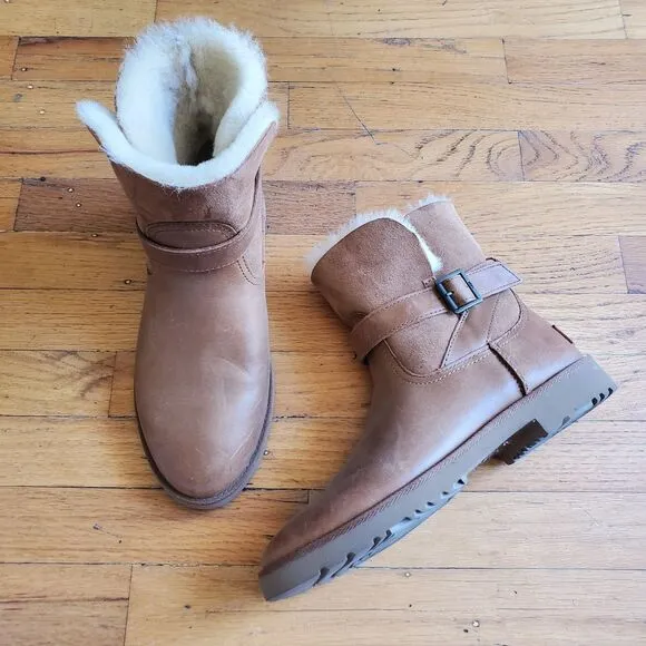 Ugg Romley Buckle Ankle Boots Tan Leather Round Toe Sheepskin Lining Boho Hippie