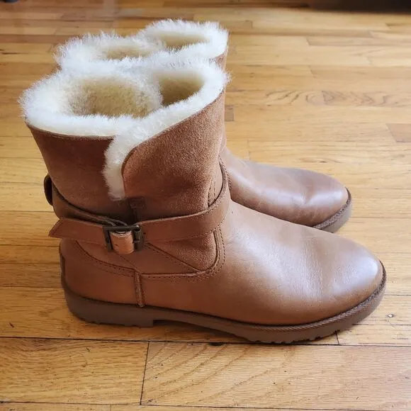 Ugg Romley Buckle Ankle Boots Tan Leather Round Toe Sheepskin Lining Boho Hippie