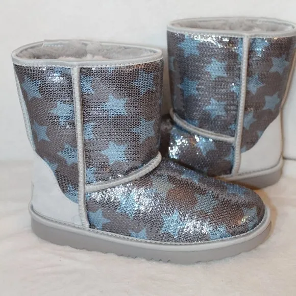 UGG SEQUIN STARS‎ TODDLER BOOTS NEW SILVER BLUE