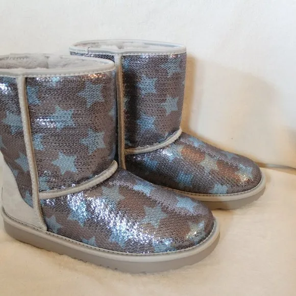 UGG SEQUIN STARS‎ TODDLER BOOTS NEW SILVER BLUE