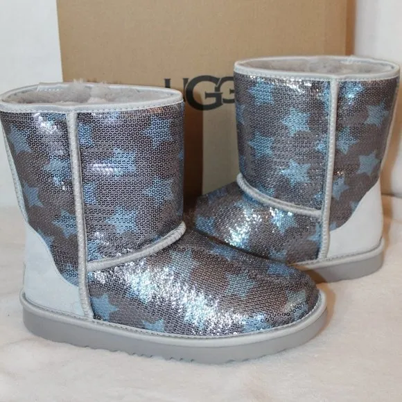UGG SEQUIN STARS‎ TODDLER BOOTS NEW SILVER BLUE