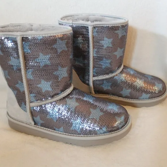 UGG SEQUIN STARS‎ TODDLER BOOTS NEW SILVER BLUE