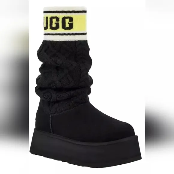 UGG Tall Boots, Sweater Letter, Platform, Size 9, Black *NEW!*