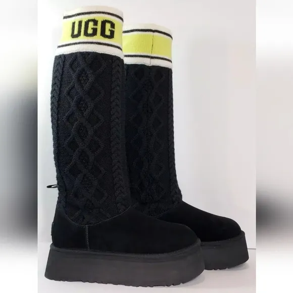 UGG Tall Boots, Sweater Letter, Platform, Size 9, Black *NEW!*