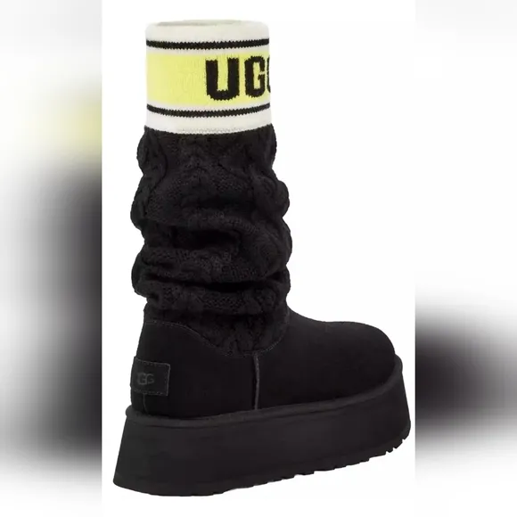 UGG Tall Boots, Sweater Letter, Platform, Size 9, Black *NEW!*