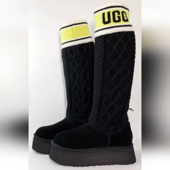 UGG Tall Boots, Sweater Letter, Platform, Size 9, Black *NEW!*