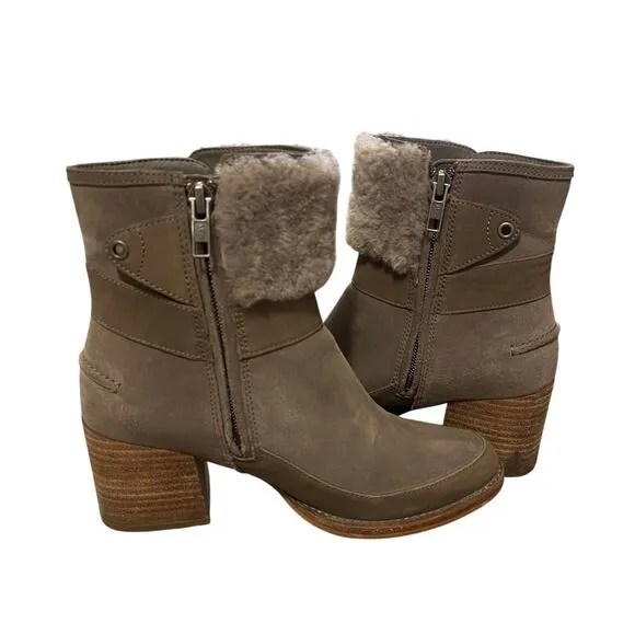 UGG Womans 6 Kirke Shearling Ankle Boots Waterproof Leather Booties Fur Mole Tan