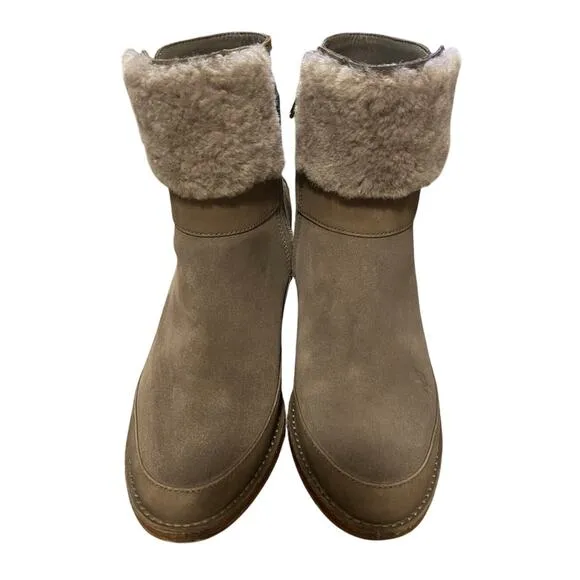 UGG Womans 6 Kirke Shearling Ankle Boots Waterproof Leather Booties Fur Mole Tan