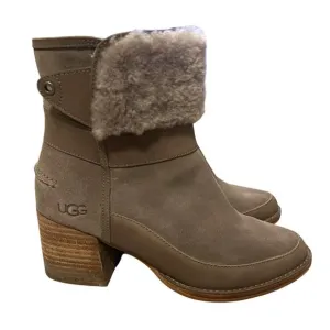 UGG Womans 6 Kirke Shearling Ankle Boots Waterproof Leather Booties Fur Mole Tan