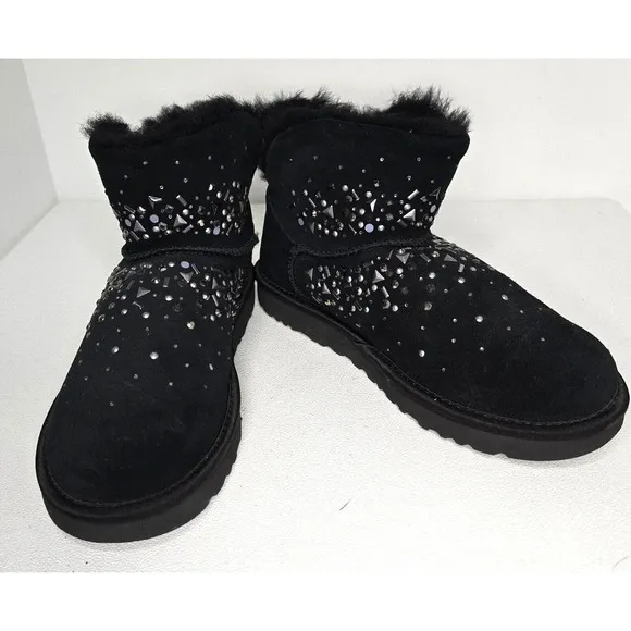 UGG WOMEN CLASSIC GALAXY BLING MINI BLACK SUEDE BOOTS SIZE 7 1103799 EUC