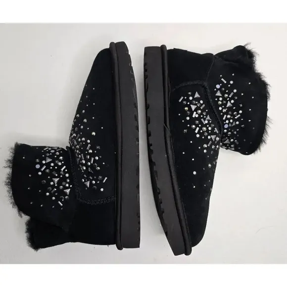 UGG WOMEN CLASSIC GALAXY BLING MINI BLACK SUEDE BOOTS SIZE 7 1103799 EUC