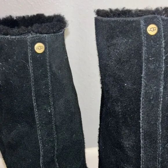 UGG Women Kasen Tall Waterproof Sheepskin Lined Black Suede Heel Boots‎ size 7