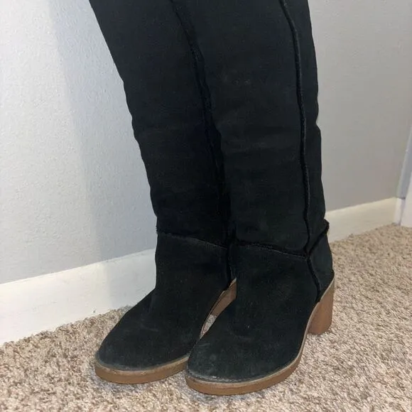UGG Women Kasen Tall Waterproof Sheepskin Lined Black Suede Heel Boots‎ size 7