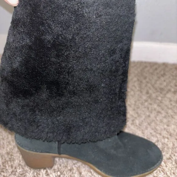 UGG Women Kasen Tall Waterproof Sheepskin Lined Black Suede Heel Boots‎ size 7