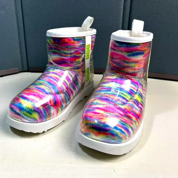 UGG Women Size 5 Clear Mini Pixelate Rain Boot Rainbow Multi Color Wool Lining