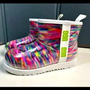 UGG Women Size 5 Clear Mini Pixelate Rain Boot Rainbow Multi Color Wool Lining
