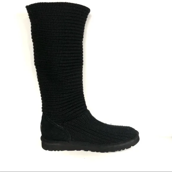 UGG Women’s Crochet Shearling Classic Cardy Black Knit Fold Over Button Boots