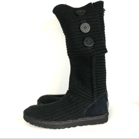 UGG Women’s Crochet Shearling Classic Cardy Black Knit Fold Over Button Boots