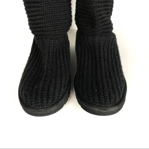UGG Women’s Crochet Shearling Classic Cardy Black Knit Fold Over Button Boots