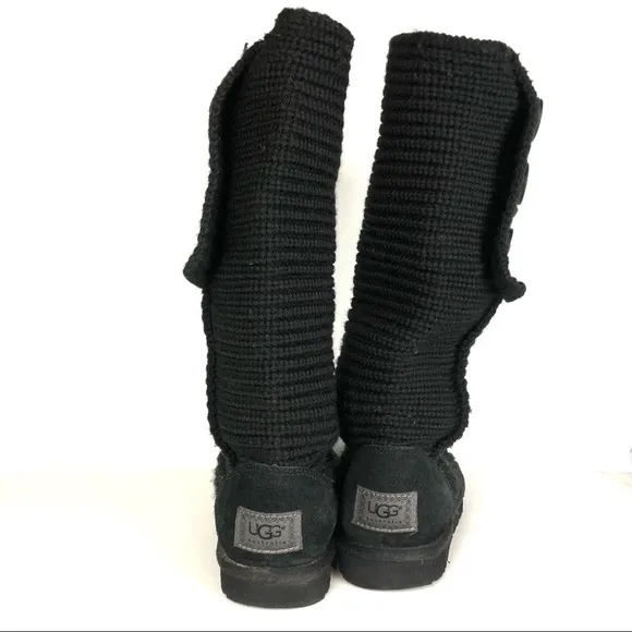UGG Women’s Crochet Shearling Classic Cardy Black Knit Fold Over Button Boots