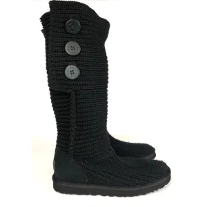 UGG Women’s Crochet Shearling Classic Cardy Black Knit Fold Over Button Boots