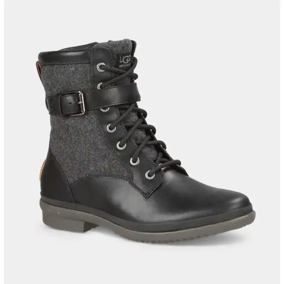 Ugg Womens Kesey Waterproof Leather Lace Wool Lined Vintage Look Black Boots 8