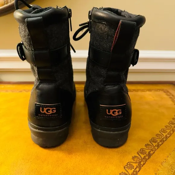 Ugg Womens Kesey Waterproof Leather Lace Wool Lined Vintage Look Black Boots 8