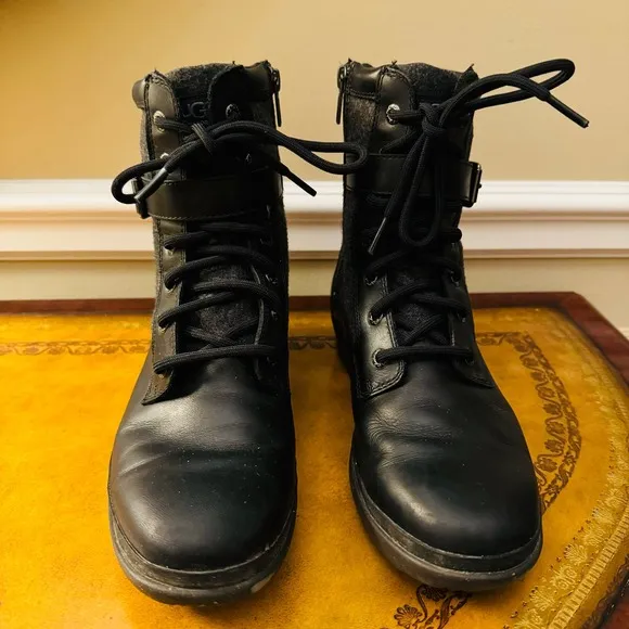 Ugg Womens Kesey Waterproof Leather Lace Wool Lined Vintage Look Black Boots 8