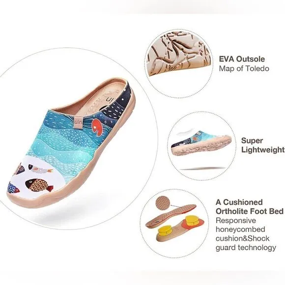 UIN Men's Slipper Comfort Mules Walking Casual Slip Ons Shoes (Happy Fish)