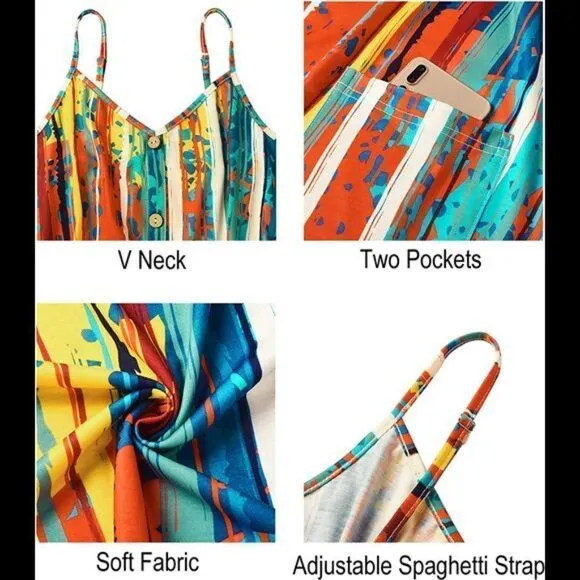 V Neck Sundress Spaghetti Strap Button Down Dress